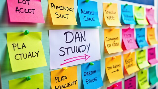 Colorful sticky notes on a whiteboard outline the Plan-Do-Study-Act cycle, a visual representation of the continuous quality improvement process in a business setting.