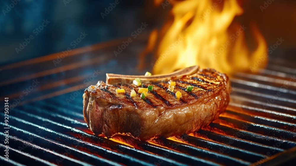 Wall mural A juicy T-bone steak on a grill, with flames licking the sides and smoke rising, creating a mouth-watering aroma