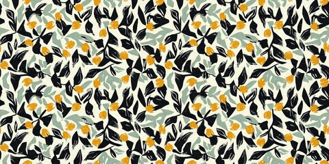 Modern printed fabric flower block print pattern with linen texture effect. Stylized boho dark floral for chic fashion background motif border design.