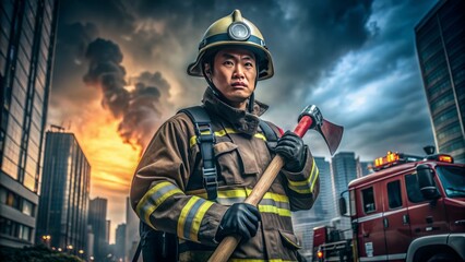 Fototapeta premium Confident Asian firefighter in helmet and coat stands proudly in front of fire truck, holding axe, with blurred cityscape background and dramatic lighting.