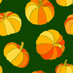 Pumpkins with varying shades of orange and yellow vector seamless pattern. The pumpkins are illustrated in a stylized, flat design and are arranged against a deep green background. Halloween pattern.