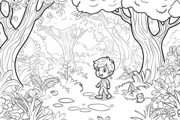 Fototapeta premium A young boy exploring a lush, hand-drawn jungle path, surrounded by vibrant trees and playful creatures.