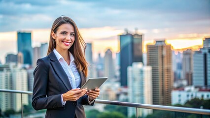 Fototapeta premium Confident female entrepreneur smiling while standing in front of a city skyline, holding a tablet and wearing a professional attire, exuding success and ambition.