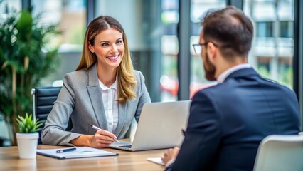 Obraz premium Confident professional female candidate dressed in business attire, sitting across from an interviewer, engaged in a discussion, with a laptop and notes on the table.