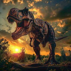 Tyrannosaurus Rex Roaring at Sunset.