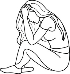 single line drawing of a woman in a sad mood sitting, line art vector illustration design