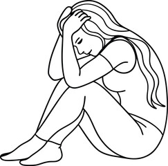 single line drawing of a woman in a sad mood sitting, line art vector illustration design