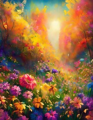 New Landscape mural art design with flowers painting, trend, tropical, natural, plant
