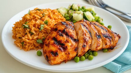A plate of spicy Jamaican jerk chicken, charred on the outside and juicy on the inside, served with rice and peas