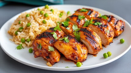 Fototapeta premium A plate of spicy Jamaican jerk chicken, charred on the outside and juicy on the inside, served with rice and peas