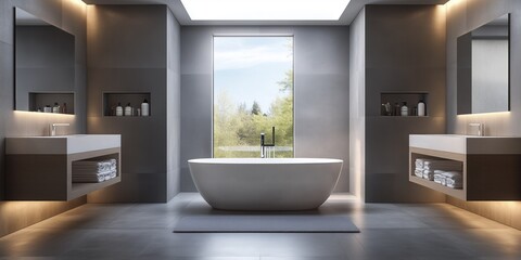 Fototapeta premium A minimalist bathroom with a free-standing white bathtub and ambient lighting.