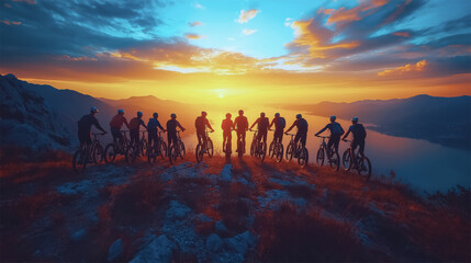Fototapeta premium Group of mountain bikers enjoying a breathtaking sunset view from a mountain peak 