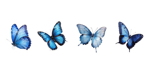 Set of blue butterflies on transparent background.