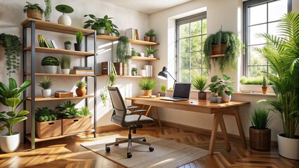 Cozy home office with wooden desk, ergonomic chair, and organized shelves, surrounded by plants and natural light, creating a productive work-from-home atmosphere.