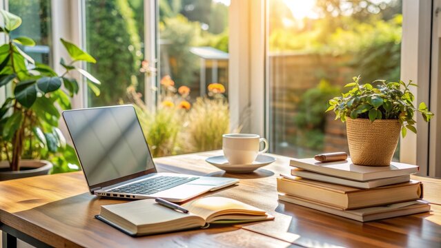 Cozy home workspace with laptop, textbooks, and coffee cup, surrounded by calm natural light, ideal for online university studies and virtual academic success.