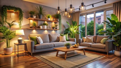 Fototapeta premium Cozy living room in a modern home with comfortable couch, warm lighting, and plants, conveying a sense of relaxation and serene atmosphere in a well-maintained house.