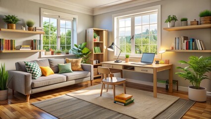 Cozy living room transformed into a homeschooling space with a desk, chair, and educational materials, blending learning with comfort and warmth.