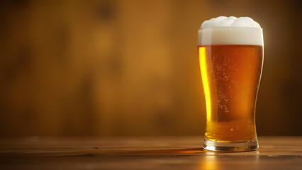 A frothy amber beer glass on a wooden surface with a warm bokeh background