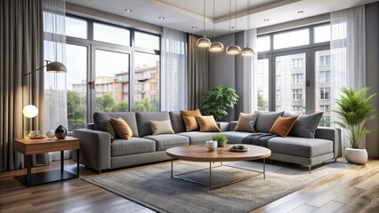 Cozy modern living room in a stylish apartment, featuring a sleek grey sofa, large windows, and a chic minimalist decor with plenty of natural light.