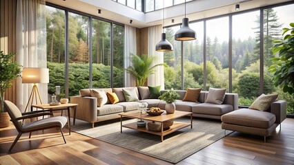 Fototapeta premium Cozy modern living room with large windows, sleek furniture, and minimal decor, flooded with natural light and offering a sense of calm and serenity.