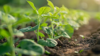 Obraz premium soybean development on a farm against a backdrop of greenery. farming plant seeding growing step-by-step