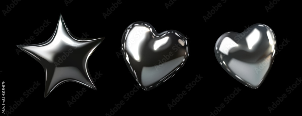 Aufkleber shiny futuristic metallic balloons featuring one star and two hearts, rendered in a sleek, reflectiv