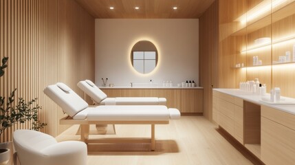 Modern beauty clinic room with a prepared massage table, elegant and minimalist decor, soft lighting, and a calm atmosphere ready for a skincare treatment.