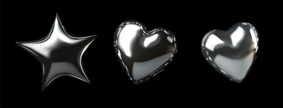Shiny futuristic metallic balloons featuring one star and two hearts, rendered in a sleek, reflective silver finish against a black background. 3D chrome y2k shape set, silver liquid star. Vector