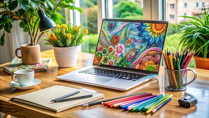 Fototapeta premium Creative digital artist's workstation with colorful markers, sketchbook, and laptop, surrounded by inspirational design elements and artistic sketches, blending traditional and modern techniques.