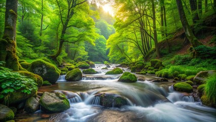 Crisp mountain stream flows through lush green forest, symbolizing purity and serenity, surrounded by vibrant foliage and natural beauty in a pristine environment.