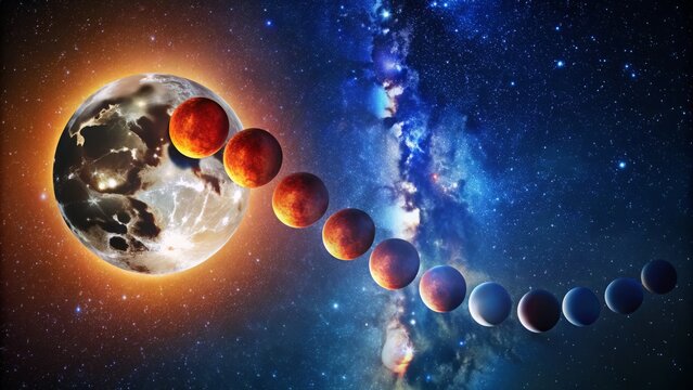 Crisp night sky featuring a majestic lunar eclipse, with the moon transitioning through a mesmerizing phase, set against a backdrop of stars and deep blue space.