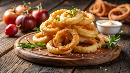 Crispy white onion rings piled high on a rustic wooden table, golden brown and glistening with a savory sheen, fresh from the fryer.