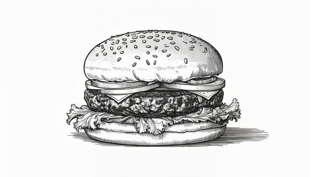 Dessin illustration burger fastfood noir et blanc restaurant bistro.