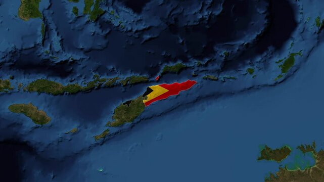 Zoom from Earth to East Timor. (Country Flag) World map province animation with highlighted borders of countries. Images from NASA