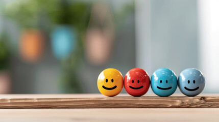 Four colorful smiley face balls are lined up on a wooden surface, symbolizing happiness, diversity, and positive emotions.
