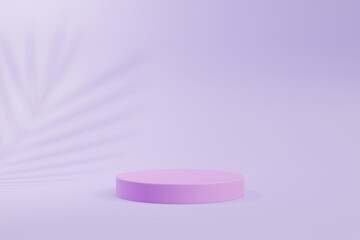 Purple podium with pastel purple background and leaf shadow, Product display stand with white background,3D rendering