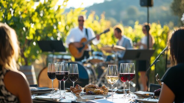 Close up of wine glasses on outdoor wine tasting festival in a vineyard, people sipping wine and enjoying gourmet food, live jazz band playing in the background, sophisticated and relaxed setting.