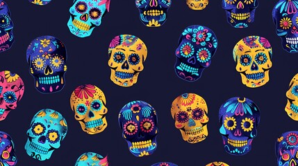 Colorful Sugar Skulls Seamless Pattern.