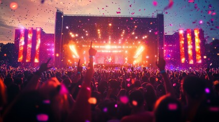 Vibrant outdoor music festival at sunset, a sea of people dancing under colorful lights, large stage with a famous DJ performing, festive atmosphere with glow sticks and confetti in the air