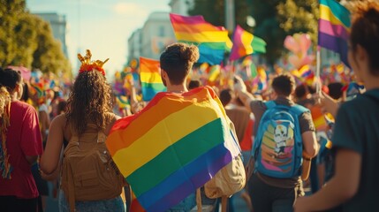 Vibrant Pride parade with rainbow flags waving, colorful floats and lively music, diverse crowd celebrating love and equality, joyful and inclusive atmosphere.