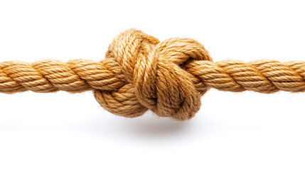 Fototapeta premium Close-up of a thick, natural rope tied in a strong knot isolated on white background