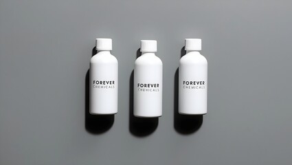 White plastic bottle with "Forever chemicals" text on gray background, Health concerns, Long-term health risks, Environment.