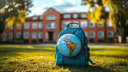 A vibrant backpack with a globe design rests on green grass near a school, symbolizing education and travel.