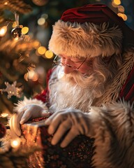 Capture a magical moment of Santa Claus placing gifts under a Christmas tree, with the soft glow of the tree lights and a cozy, peaceful atmosphere, clear light, realistic photo li