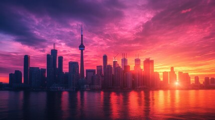 A city skyline is reflected in the water, with a sunset in the background