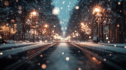 Snowy Night Street with Street Lights