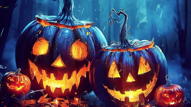 Jack-o-lantern scary spooky Halloween scene. Fire burning. Halloween pumpkin patch in the moonlight. Jack O Lantern party. Horizontal banner, Halloween night decorative with bat and moon background 31