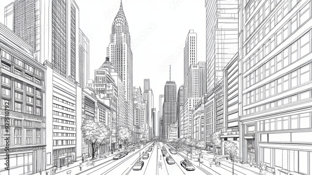 Sticker Sketch of a city street with tall buildings and cars.