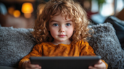 A child using a tablet for interactive learning activities at home.