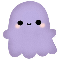 Watercolor illustration of a single adorable purple ghost with a cheerful expression